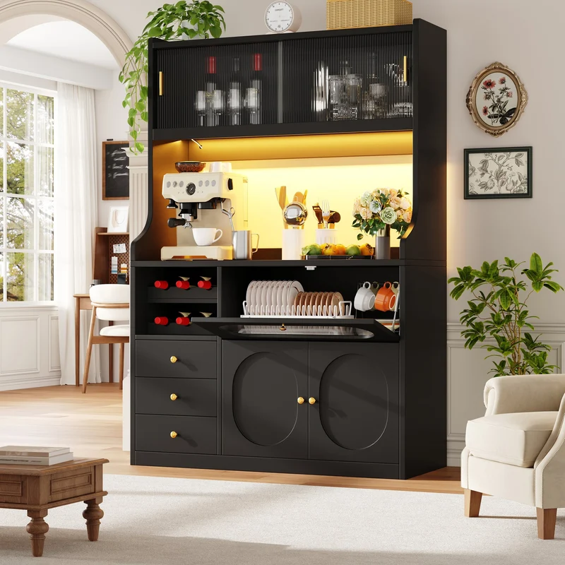 Hexacosihedroid Buffet haut cuisine 120 cm noir MDF avec LED RGB, portes vitrées et range-bouteilles