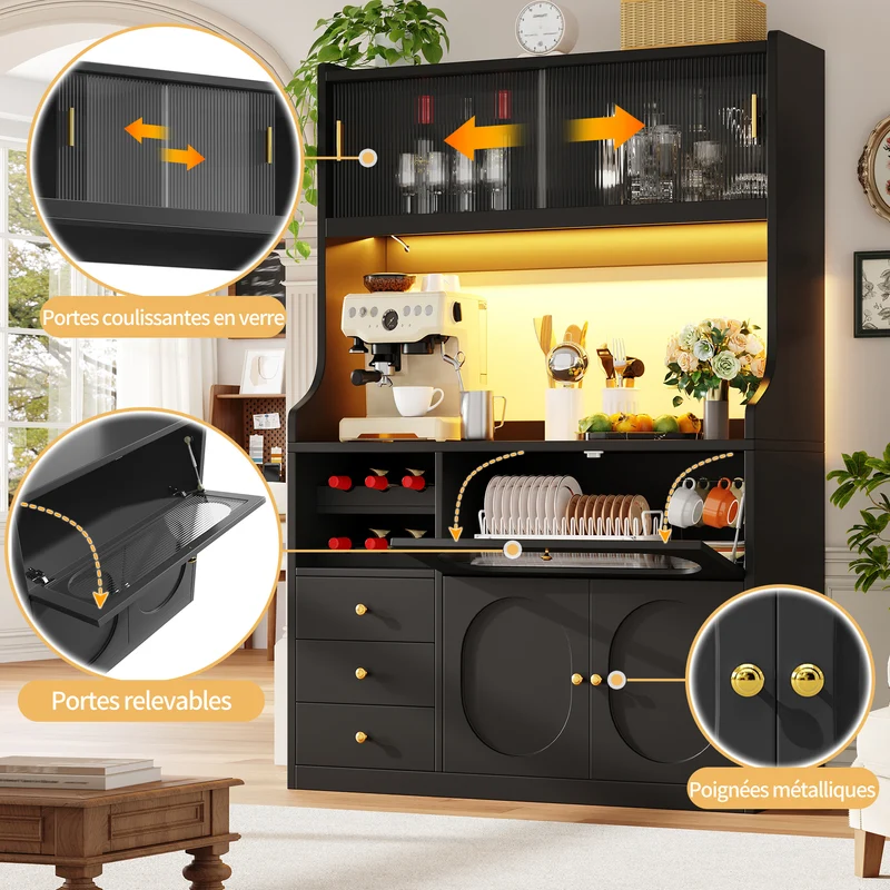 Hexacosihedroid Buffet haut cuisine 120 cm noir MDF avec LED RGB, portes vitrées et range-bouteilles