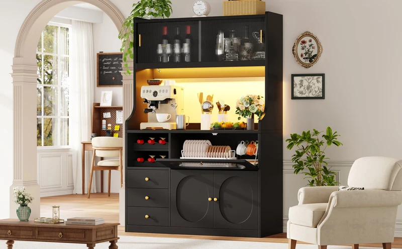 Hexacosihedroid Buffet haut cuisine 120 cm noir MDF avec LED RGB, portes vitrées et range-bouteilles