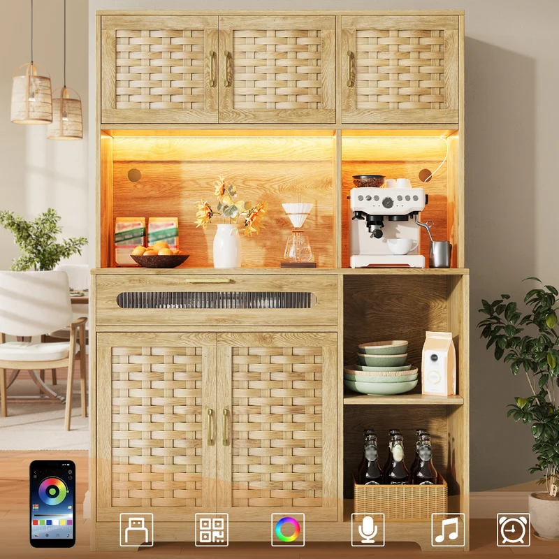 Alerter Vaisselier LED 120x40x180 cm en MDF naturel, vitrine moderne avec tiroirs