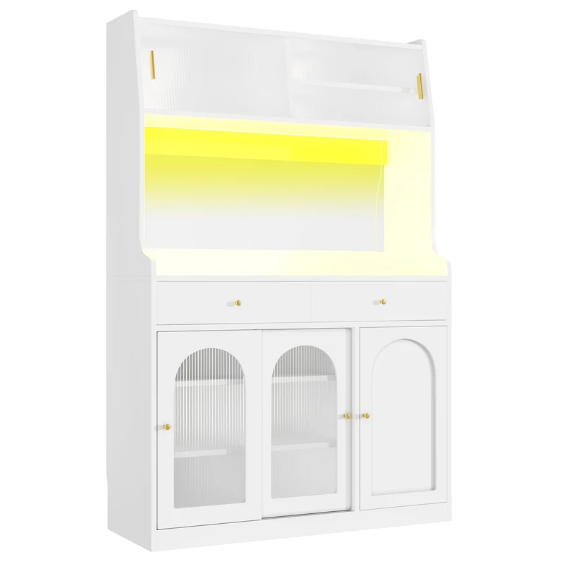 Ireful Buffet cuisine blanc 120x40x180 cm avec LED, vitrines, 2 tiroirs et étagères réglables
