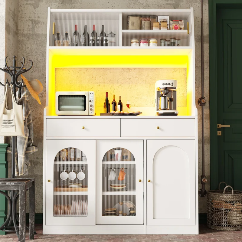 Ireful Buffet cuisine blanc 120x40x180 cm avec LED, vitrines, 2 tiroirs et étagères réglables