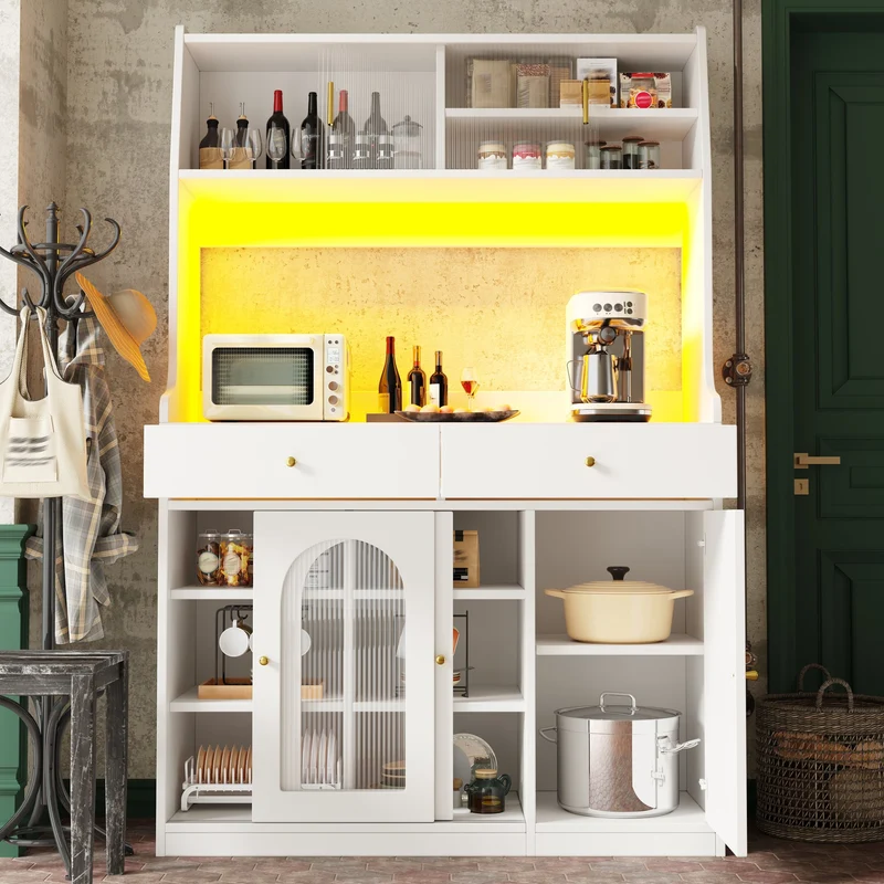 Ireful Buffet cuisine blanc 120x40x180 cm avec LED, vitrines, 2 tiroirs et étagères réglables