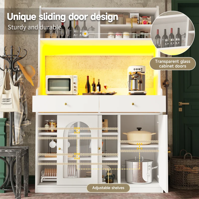 Ireful Buffet cuisine blanc 120x40x180 cm avec LED, vitrines, 2 tiroirs et étagères réglables