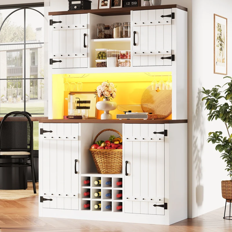 Haloxylin Buffet de Cuisine 120x40x180 cm Blanc MDF, Portes Grange, LED RGB et Range-Bouteilles