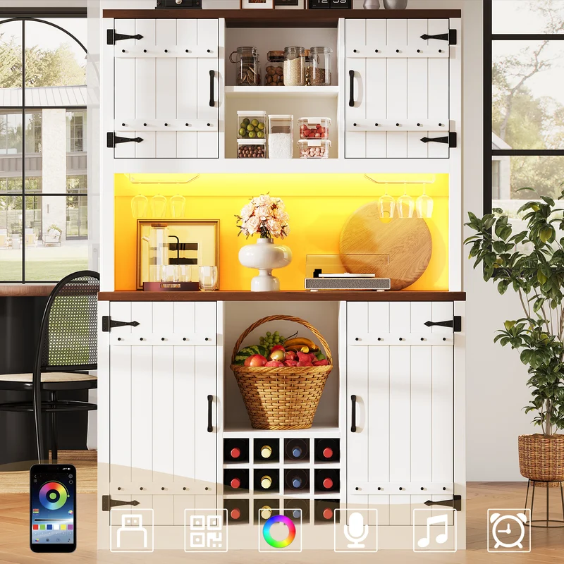 Haloxylin Buffet de Cuisine 120x40x180 cm Blanc MDF, Portes Grange, LED RGB et Range-Bouteilles