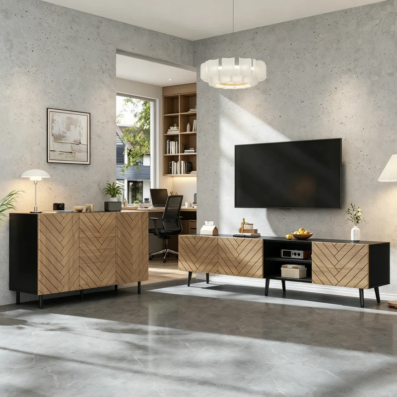Ensemble buffet et meuble TV effet bois naturel 180/120cm MODERNPINEELITE