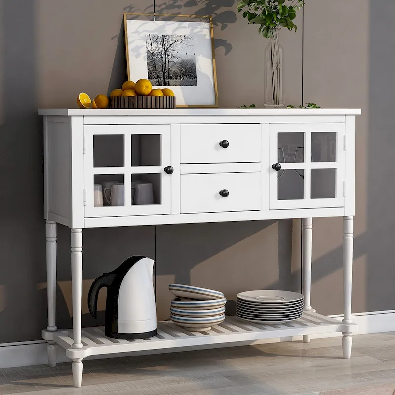 Table console à buffet avec étagère inférieure et armoire de rangement en bois/verre de style ferme - 42L x 14W x 34.2H