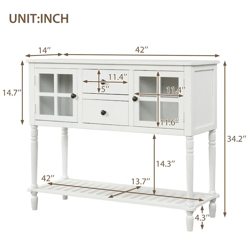 Table console à buffet avec étagère inférieure et armoire de rangement en bois/verre de style ferme - 42L x 14W x 34.2H