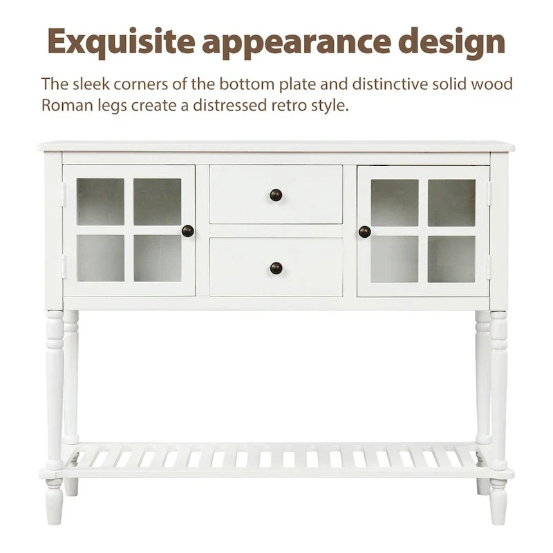 Table console à buffet avec étagère inférieure et armoire de rangement en bois/verre de style ferme - 42L x 14W x 34.2H