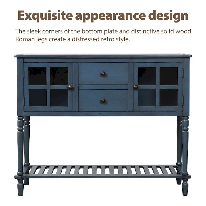 Table console à buffet avec étagère inférieure et armoire de rangement en bois/verre de style ferme - 42L x 14W x 34.2H