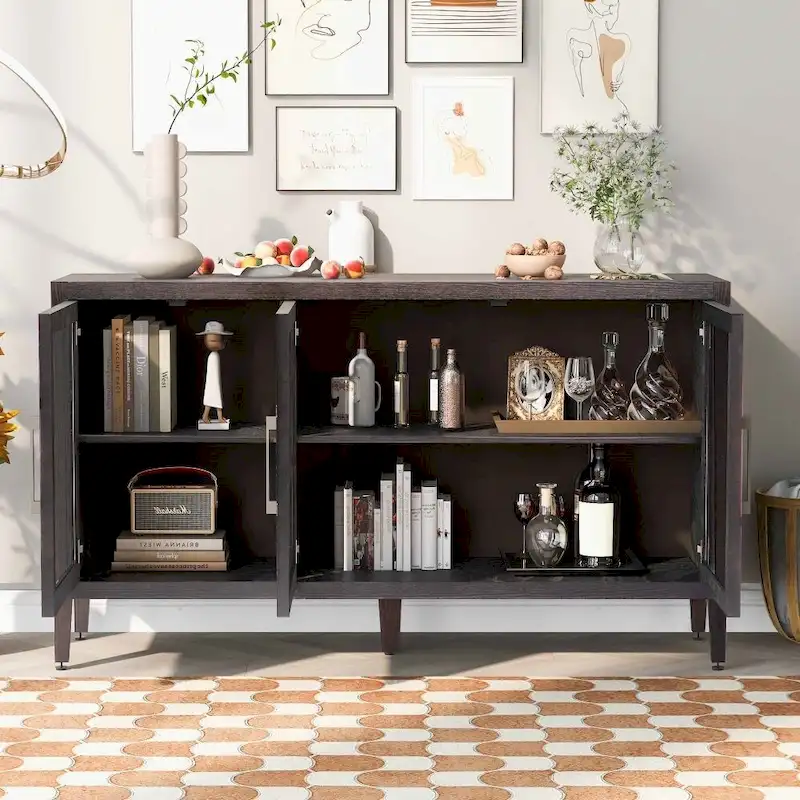 Meuble de rangement en bois avec trois portes en verre trempé et étagère réglable, convient pour le salon, le bureau et l'entrée