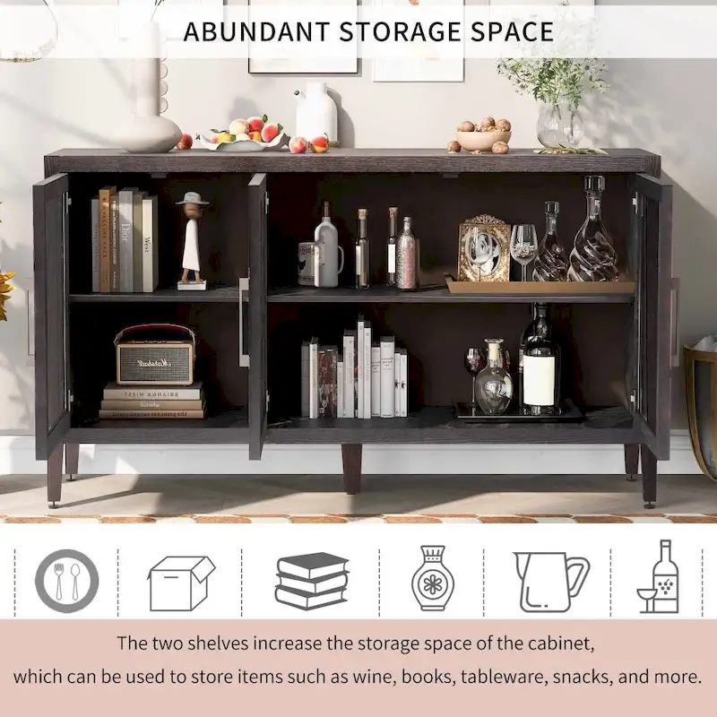 Meuble de rangement en bois avec trois portes en verre trempé et étagère réglable, convient pour le salon, le bureau et l'entrée