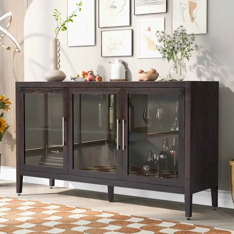 Meuble de rangement en bois avec trois portes en verre trempé et étagère réglable, convient pour le salon, le bureau et l'entrée