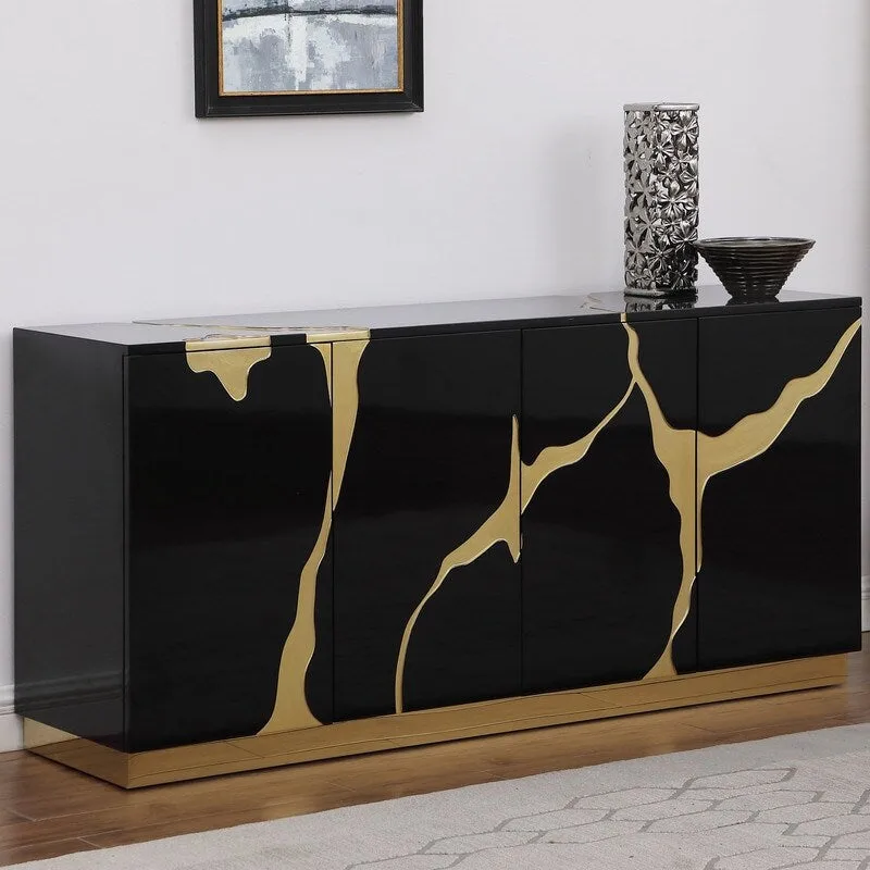 Buffet 4 portes, 168 cm, finition haute brillance avec étagères réglables