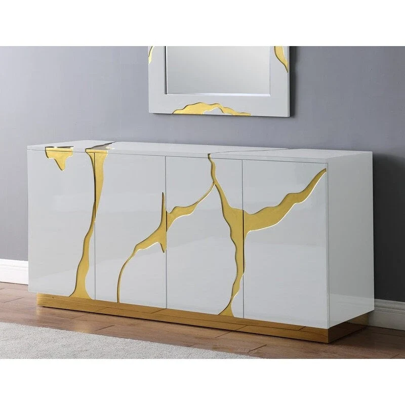 Buffet 4 portes, 168 cm, finition haute brillance avec étagères réglables