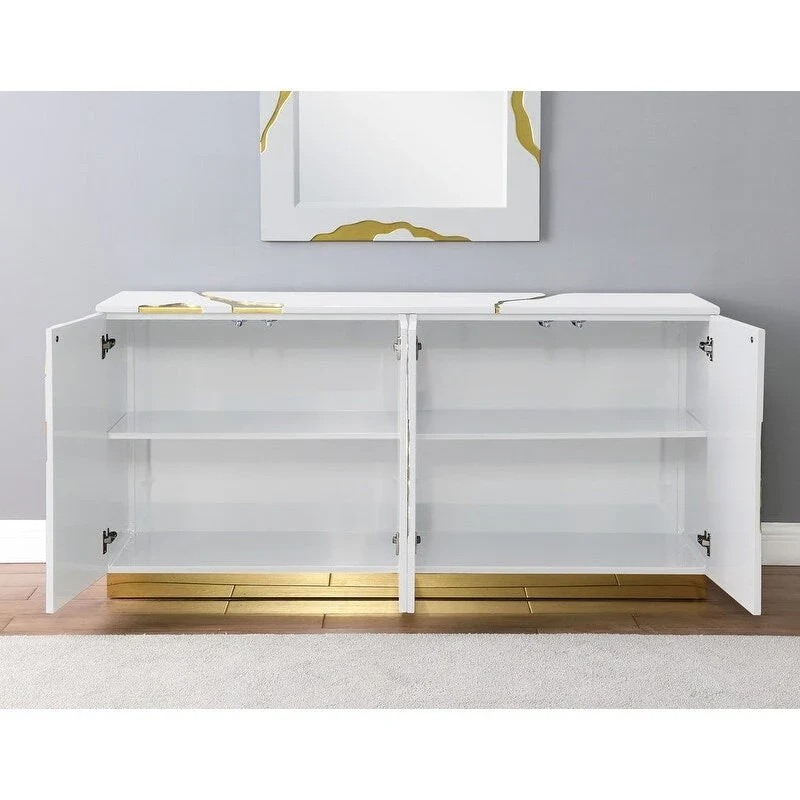 Buffet 4 portes, 168 cm, finition haute brillance avec étagères réglables