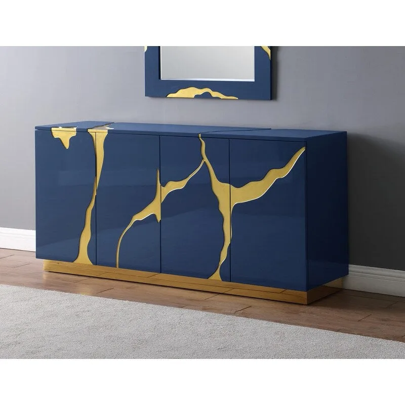 Buffet 4 portes, 168 cm, finition haute brillance avec étagères réglables