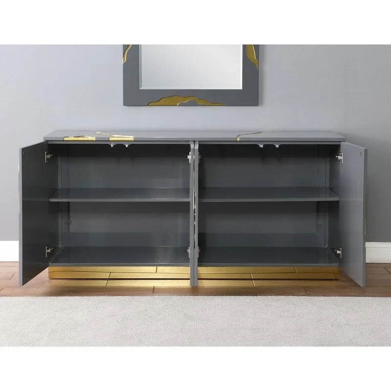 Buffet 4 portes, 168 cm, finition haute brillance avec étagères réglables