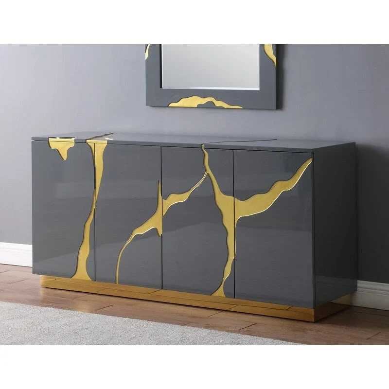 Buffet 4 portes, 168 cm, finition haute brillance avec étagères réglables