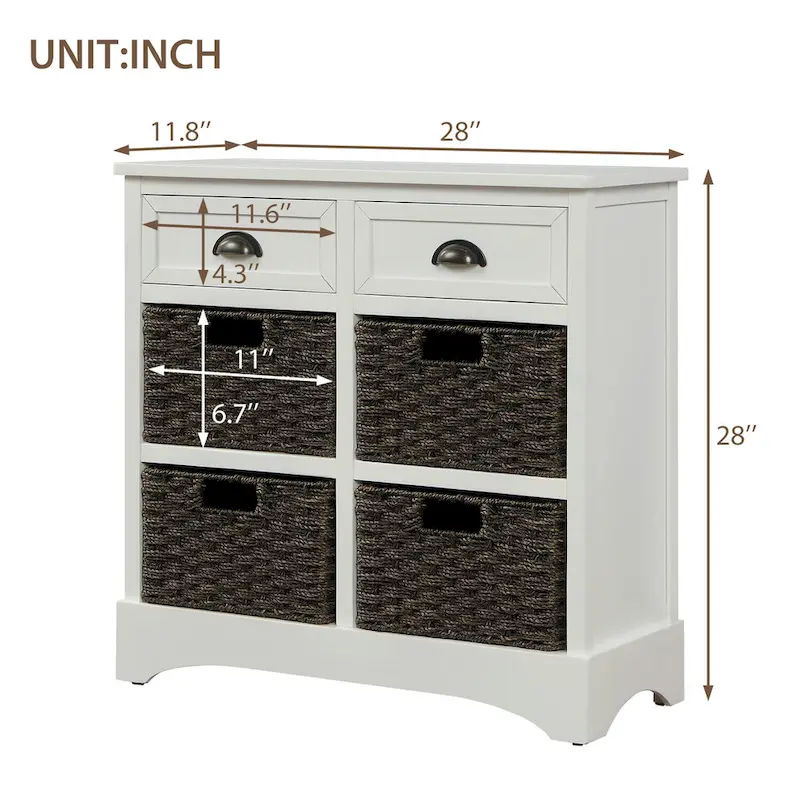 Meuble de rangement en bois massif avec deux tiroirs et quatre paniers en rotin, aucun assemblage requis.