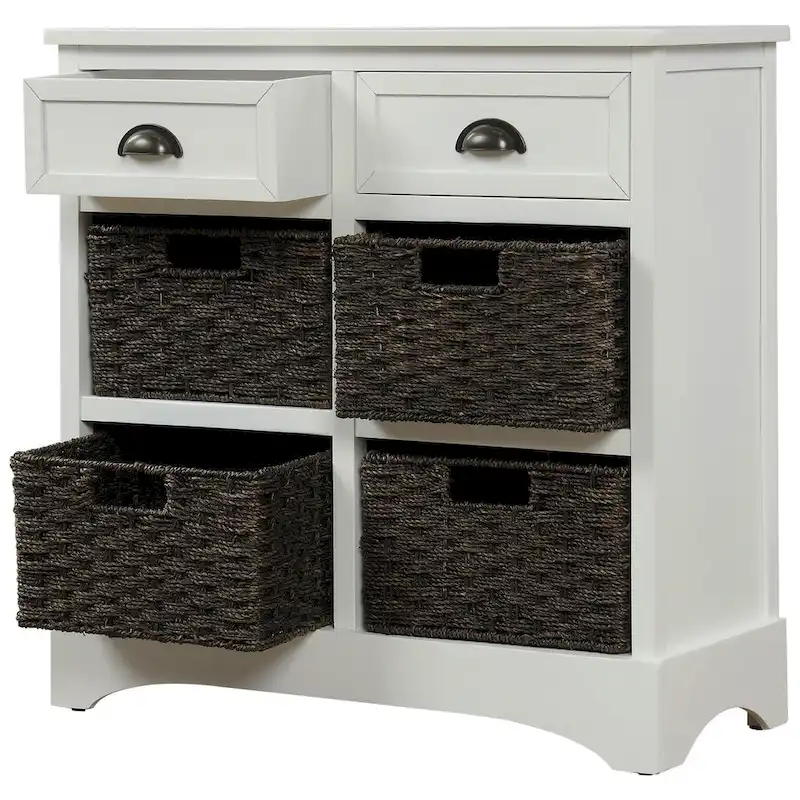 Meuble de rangement en bois massif avec deux tiroirs et quatre paniers en rotin, aucun assemblage requis.
