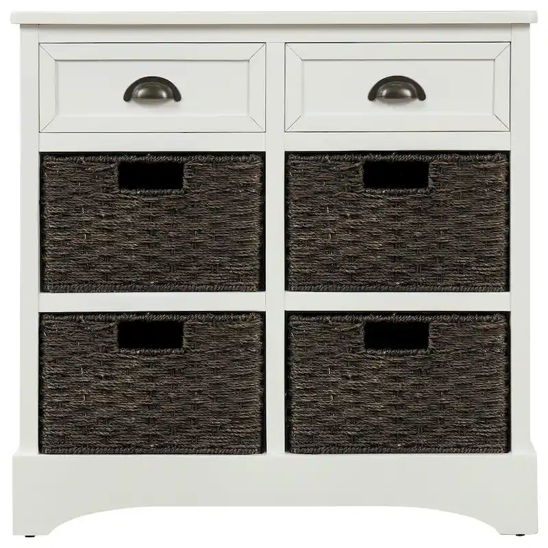Meuble de rangement en bois massif avec deux tiroirs et quatre paniers en rotin, aucun assemblage requis.