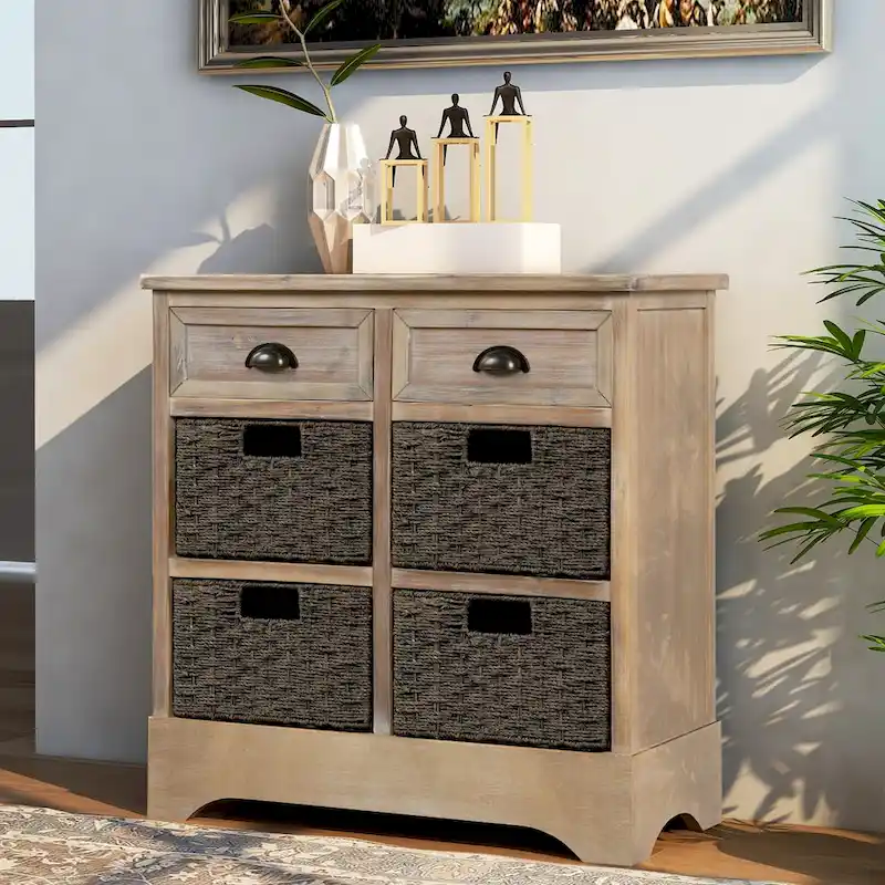 Meuble de rangement en bois massif avec deux tiroirs et quatre paniers en rotin, aucun assemblage requis.