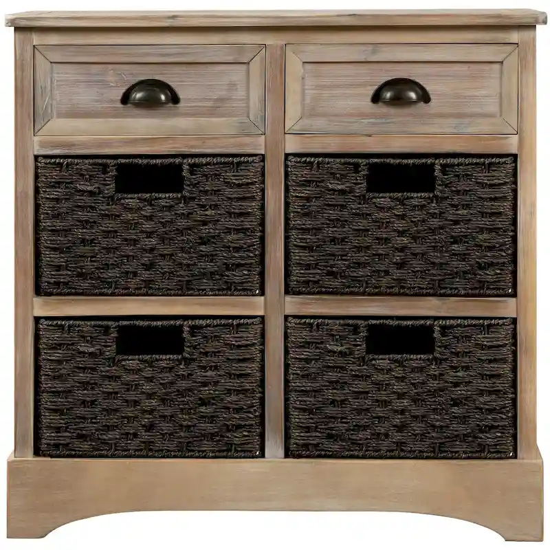 Meuble de rangement en bois massif avec deux tiroirs et quatre paniers en rotin, aucun assemblage requis.
