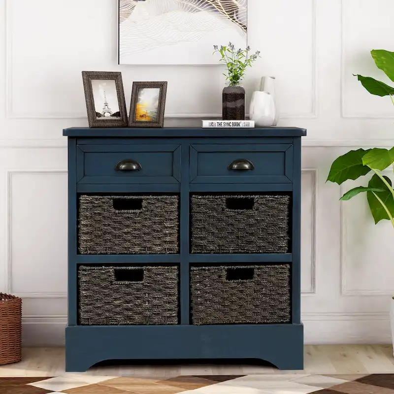 Meuble de rangement en bois massif avec deux tiroirs et quatre paniers en rotin, aucun assemblage requis.