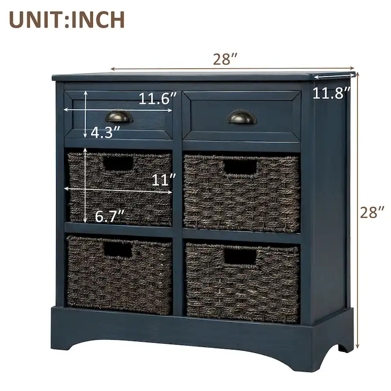 Meuble de rangement en bois massif avec deux tiroirs et quatre paniers en rotin, aucun assemblage requis.