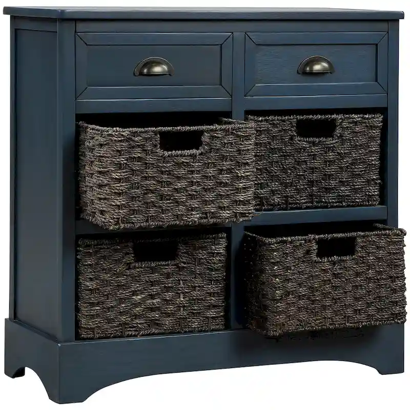 Meuble de rangement en bois massif avec deux tiroirs et quatre paniers en rotin, aucun assemblage requis.