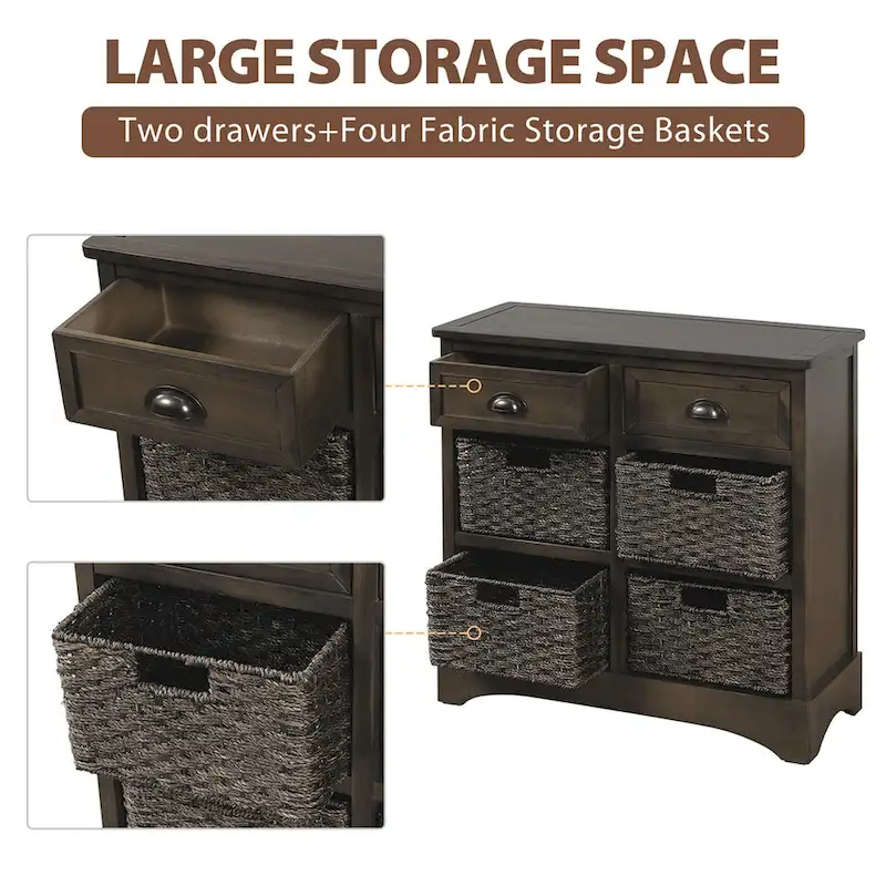 Meuble de rangement en bois massif avec deux tiroirs et quatre paniers en rotin, aucun assemblage requis.