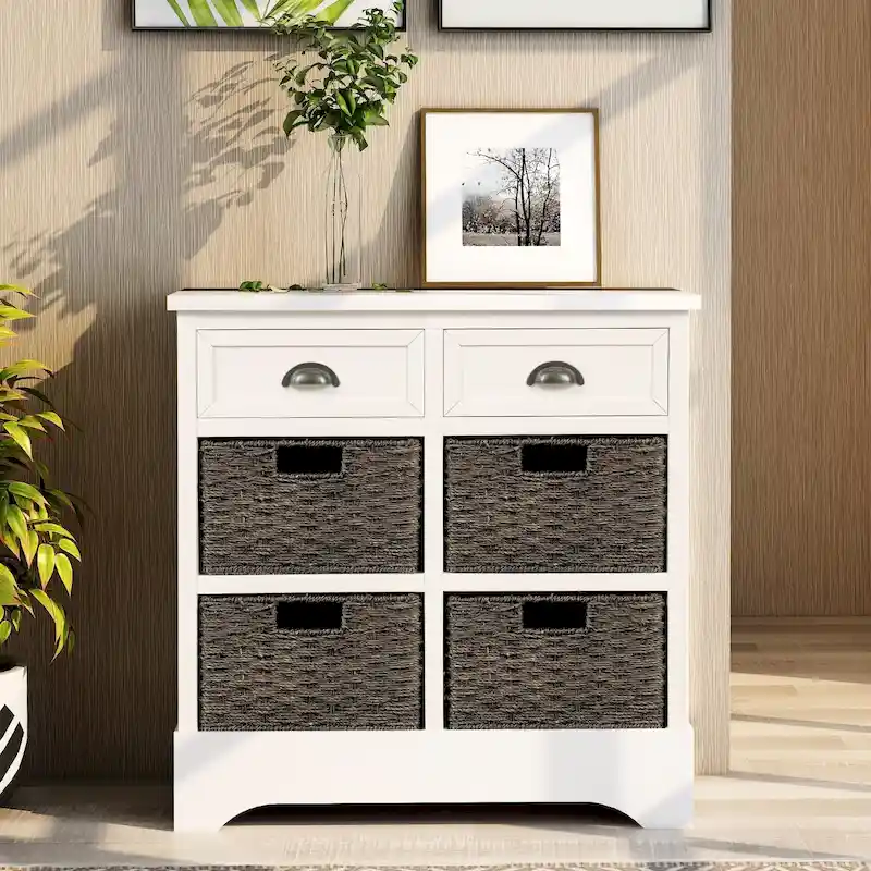 Meuble de rangement en bois massif avec deux tiroirs et quatre paniers en rotin, aucun assemblage requis.