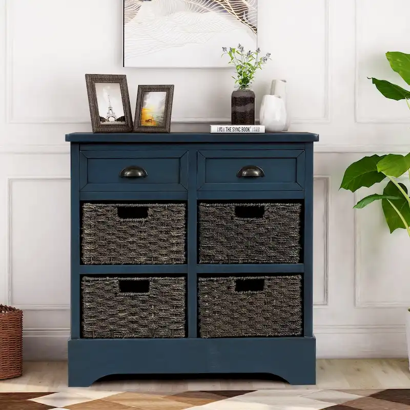 Meuble de rangement en bois massif avec deux tiroirs et quatre paniers en rotin, aucun assemblage requis.