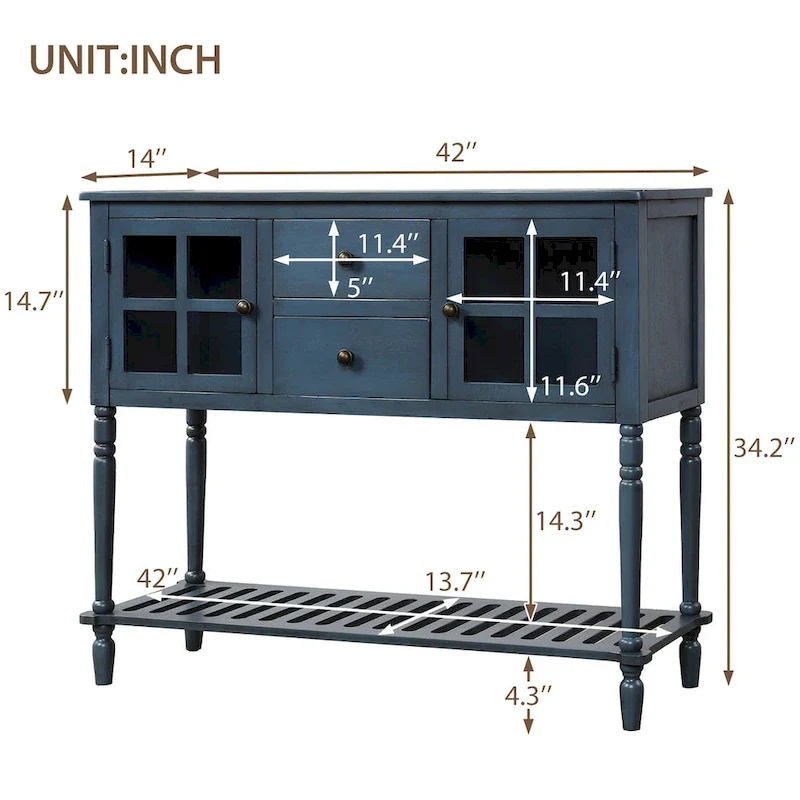 Table console de buffet avec étagère inférieure, meuble de rangement de salon en bois/verre style ferme