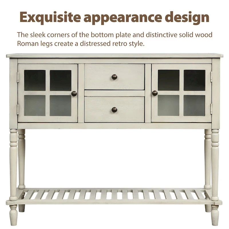 Table console de buffet avec étagère inférieure, meuble de rangement de salon en bois/verre style ferme
