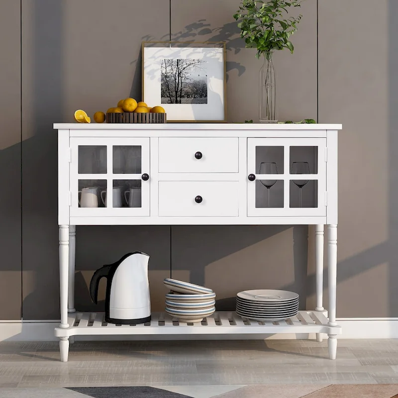Table console de buffet avec étagère inférieure, meuble de rangement de salon en bois/verre style ferme