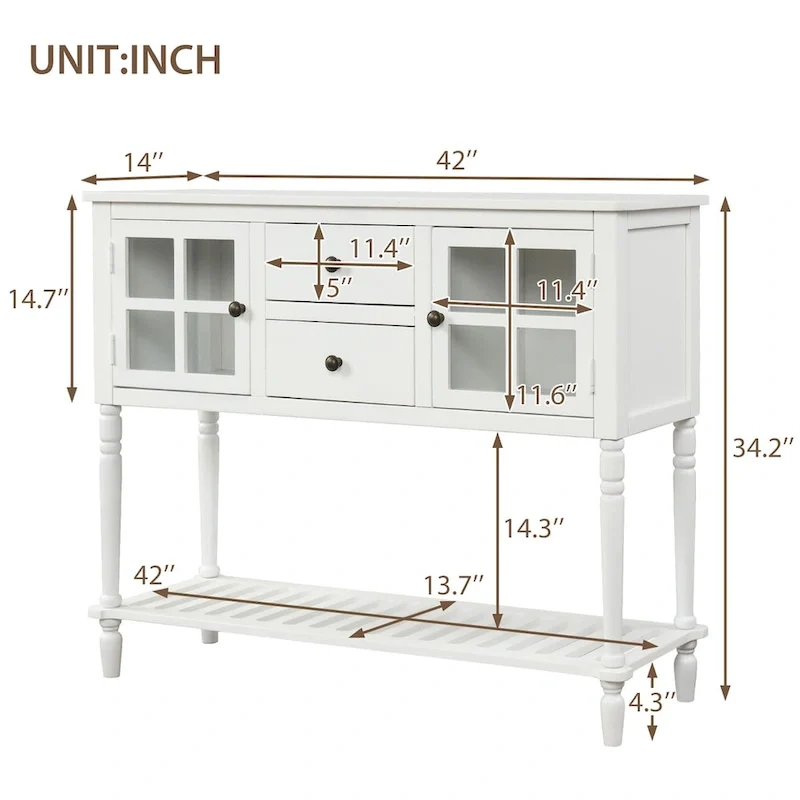 Table console de buffet avec étagère inférieure, meuble de rangement de salon en bois/verre style ferme