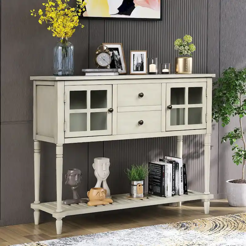 Table console de buffet avec étagère inférieure, meuble de rangement de salon en bois/verre style ferme