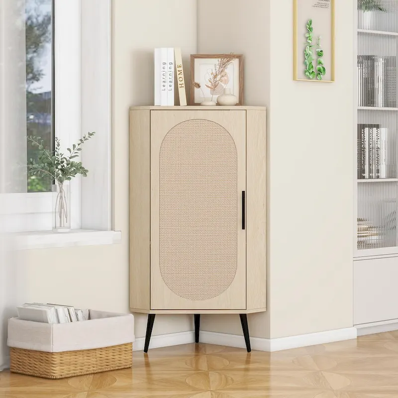 Meuble d'angle autoportant avec porte en rotin