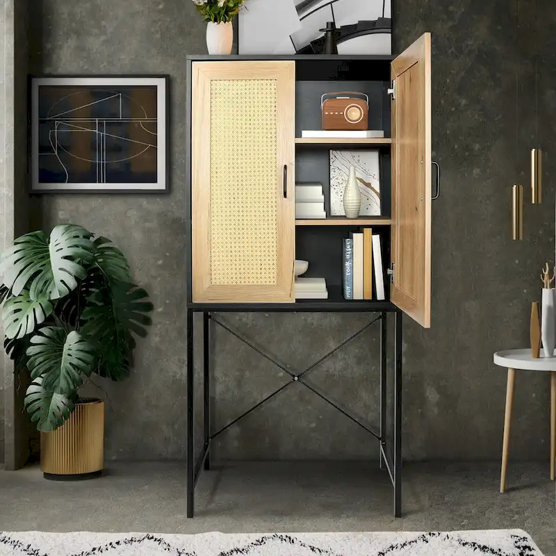 Armoire haute élégante de 59 po avec 2 portes en rotin