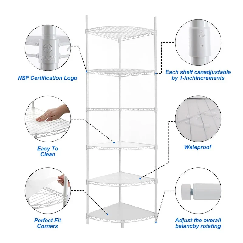 Étagère d'angle métallique à 6 niveaux réglables