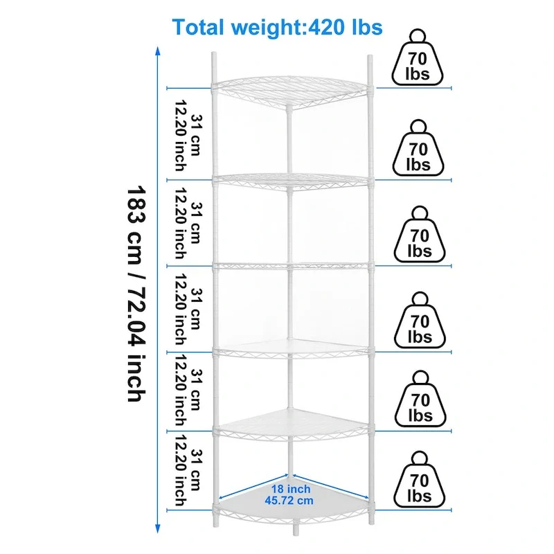 Étagère d'angle métallique à 6 niveaux réglables