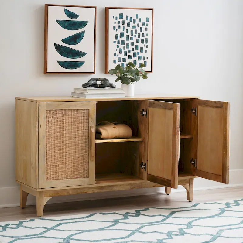 Meuble 3 portes en bois de manguier et cannage naturel