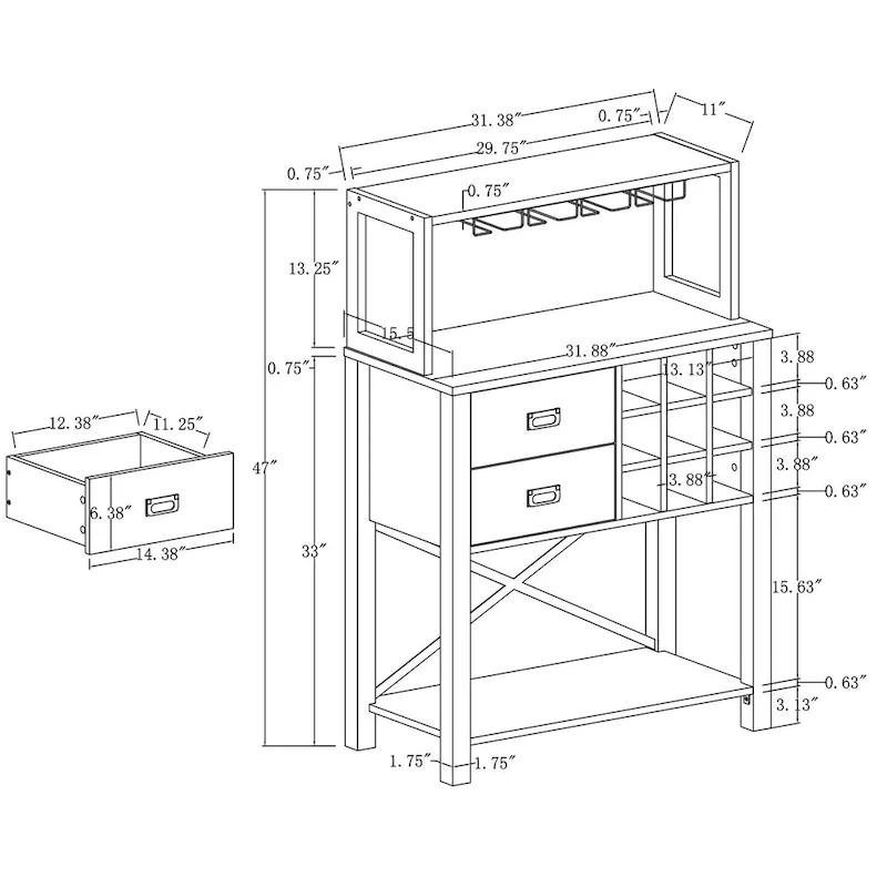 Buffet de 81 cm en bois avec casier à vin – Peut contenir jusqu'à 9 bouteilles