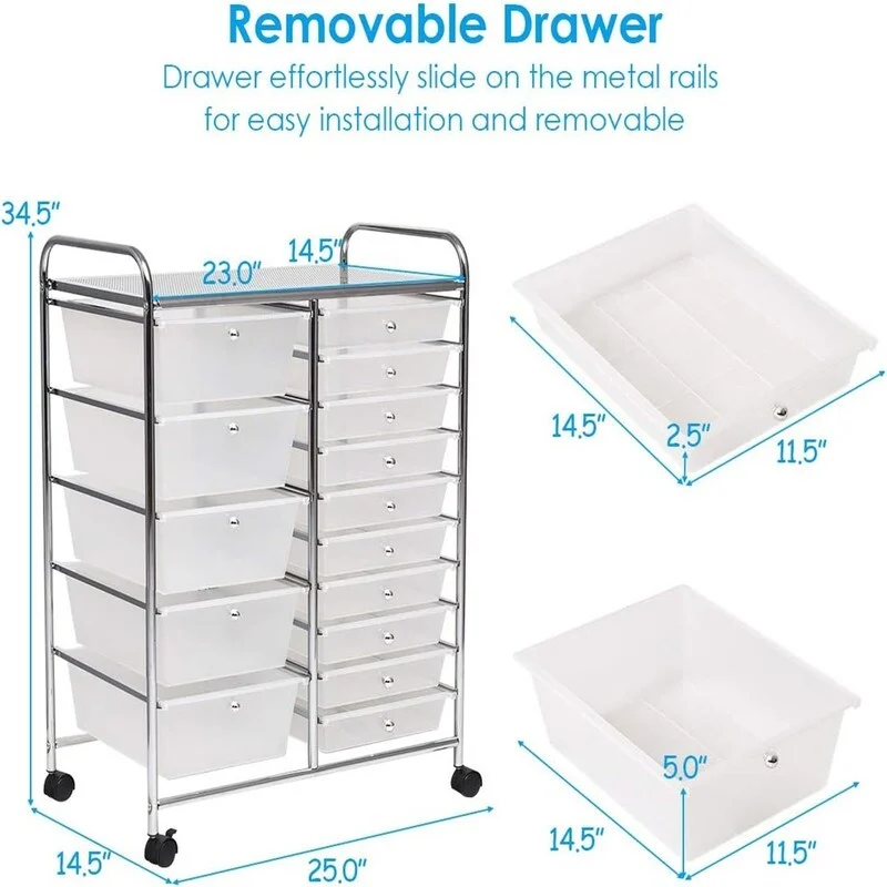 Chariot de rangement roulant à 15 tiroirs - 14,5P x 25L x 34,5H