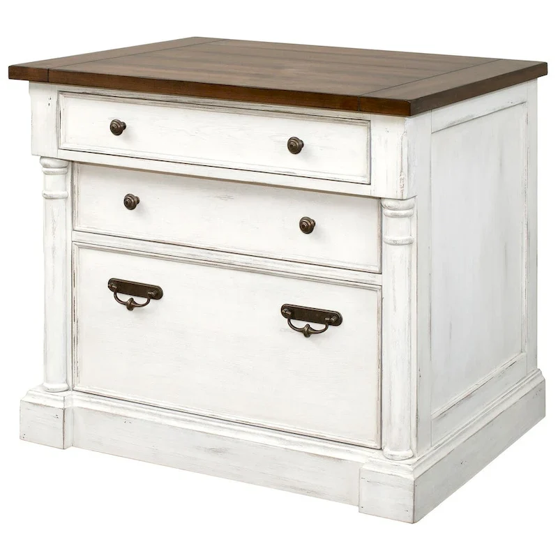 Meuble de classement latéral en bois rustique avec tiroir de classement à serrure (format légal/lettre) et armoire de rangement, blanc
