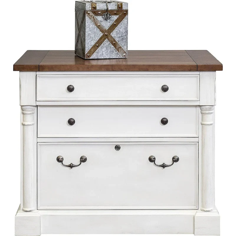 Meuble de classement latéral en bois rustique avec tiroir de classement à serrure (format légal/lettre) et armoire de rangement, blanc