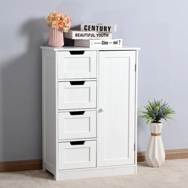 Meuble de rangement de salle de bain blanc, meuble bas avec étagère réglable et tiroirs